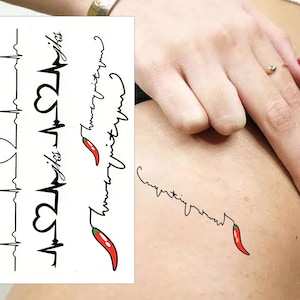 Red Chilli Scribble Heart ECG Temporary Tattoos - 2 Pack Heart Life Lines Small Hand Fake Tattoo Sticker Transfer Men Women Kids Waterproof