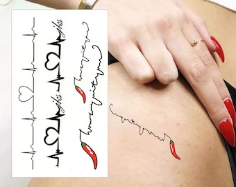 Red Chilli Scribble Heart ECG Temporary Tattoos - 2 Pack Heart Life Lines Small Hand Fake Tattoo Sticker Transfer Men Women Kids Waterproof