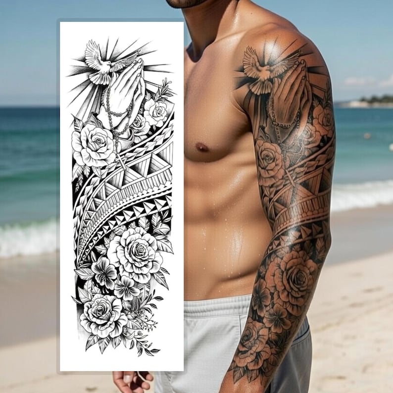 Polynesian Tribal Temporary Tattoo Sleeve – Full Arm Maori Warrior ...