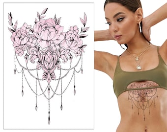 Pink Flowers & Chains Temporary Tattoo - Underboob Sternum Chest Thigh Floral Mandala Women Kids Waterproof Fake Transfer