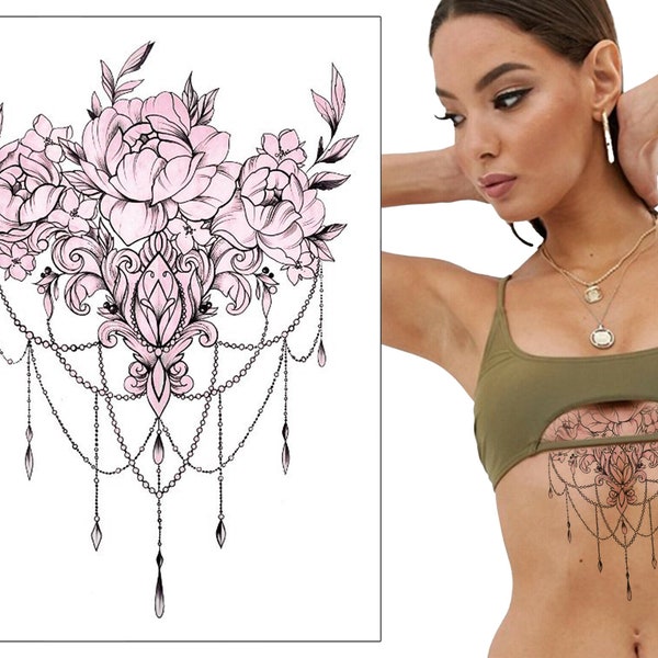 Pink Flowers & Chains Temporary Tattoo - Underboob Sternum Chest Thigh Floral Mandala Women Kids Waterproof Fake Transfer