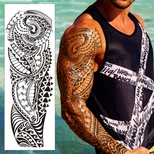 Tatouage temporaire polynésien sur manche - Tribal Maori Samoan bras complet noir transfert imperméable pour homme femme enfant déguisement d'halloween