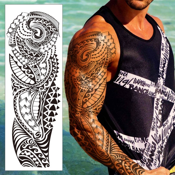 Tatouage temporaire polynésien sur manche - Tribal Maori Samoan bras complet noir transfert imperméable pour homme femme enfant déguisement d'halloween