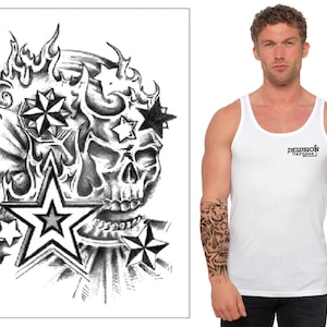 Skull Temporary Tattoo Transfer with Stars and Flames- Black Waterproof Sticker Realistic for Men Women Kids