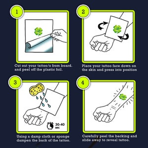 Puede incluir: Una gu&iacute;a de cuatro pasos sobre c&oacute;mo aplicar tatuajes temporales. Los pasos se ilustran con dibujos de manos aplicando un tatuaje de tr&eacute;bol a un brazo. El texto incluye "How to Apply", "Cut out your tattoo/s from board and peel off the plastic foil", "Place your tattoo face down on the skin and press into position", "Using a damp cloth or sponge dampen the back of the tattoo", "Carefully peel the backing and slide away to reveal tattoo", "To remove your tattoo, use temporary tattoo removal wipes, rubbing alcohol or baby oil", "DELUSION TATTOOS", "DELUSIONTATTOOS.COM", and social media icons.