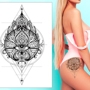 Lotus Mandala Eye Temporary Tattoo Large Black Geometric Henna Arabic For Underboob Chest Sternum Thigh Back Waterproof Body Art Womens