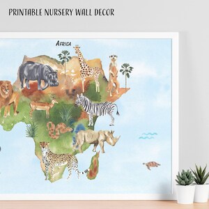 Afrikanische Karte mit Aquarell Safari Tiere Kinderzimmer Wanddeko Klassenzimmer Lernposter Kinderwandkunst Neutral Digitaler download