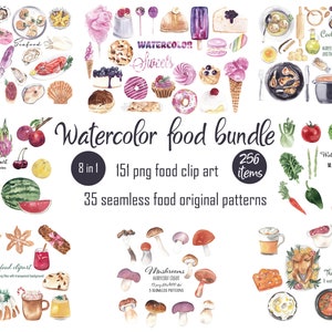Watercolor food bundle Seafood Sweets Fish Meat Mushrooms Baking Cooking Recipe Book Cook Book Food illustrations Seamless Patterns Kitchen