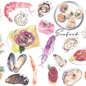 Watercolor Seafood Clipart: Hand-Illustrated Octopus, Fish, Shrimp (Digital Download)