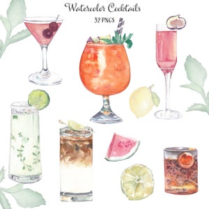 Watercolor cocktails clipart Alcoholic drinks illustrations Bar menu Beverages png graphics Scrapbooking cooking book recipes Food clipart 3
