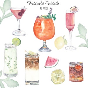 Clipart cocktails à l'aquarelle Illustrations de boissons alcoolisées Menu du bar Boissons Graphiques png Scrapbooking Livres de cuisine recettes Clipart nourriture 3