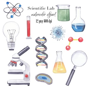 Clipart acquerello scientifico Laboratorio scientifico Chimica Batteri Virus Microscopio Atomo Molecola Genoma Ricerca clipart 4 bambini Illustrato a mano