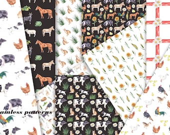 Farm Animals Digital Paper, Watercolor farm and harvest illustrations, Seamless Patterns for Digital Download, Printable JPG, scrapbooking