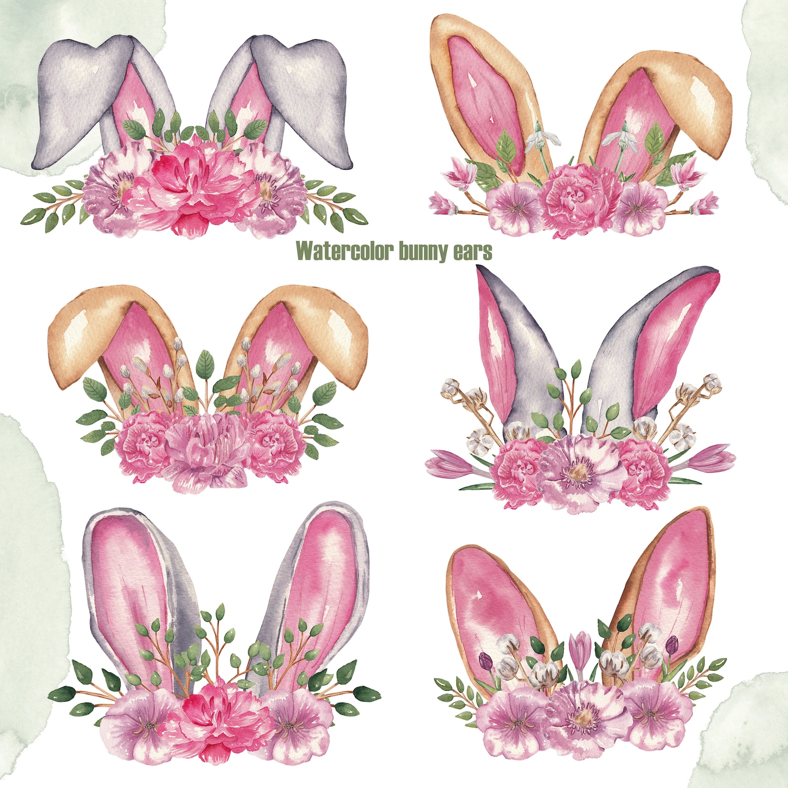 Watercolor Easter Bunny Ears Clipart, Floral Rabbit, Spring PNG ...