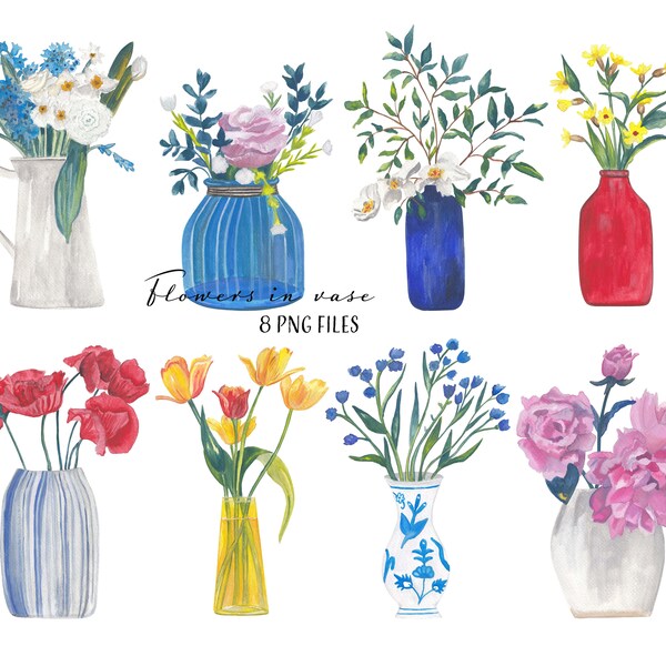 Flowers in vase illustrations Png cut files Botanical clipart Poppies Tulips Peony White orchid Roses Wildflower Gouache handdrawn painting