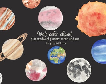 Watercolor planets clipart Space illustrations Solar system Dwarf Planets Moon Sun Printable planet Outer space stickers Planner Nursery art