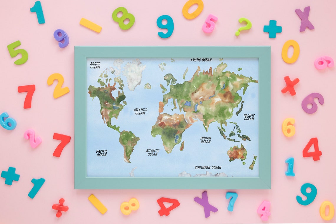 Printable World Map Travel Map Digital Download Nursery Kids Preschool ...