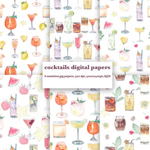 Cocktail carte digitali senza soluzione di continuità Bevande alcoliche e bevande Carta da parati acquerello stampabile, involucro, album Menu del bar Decorazione della cucina