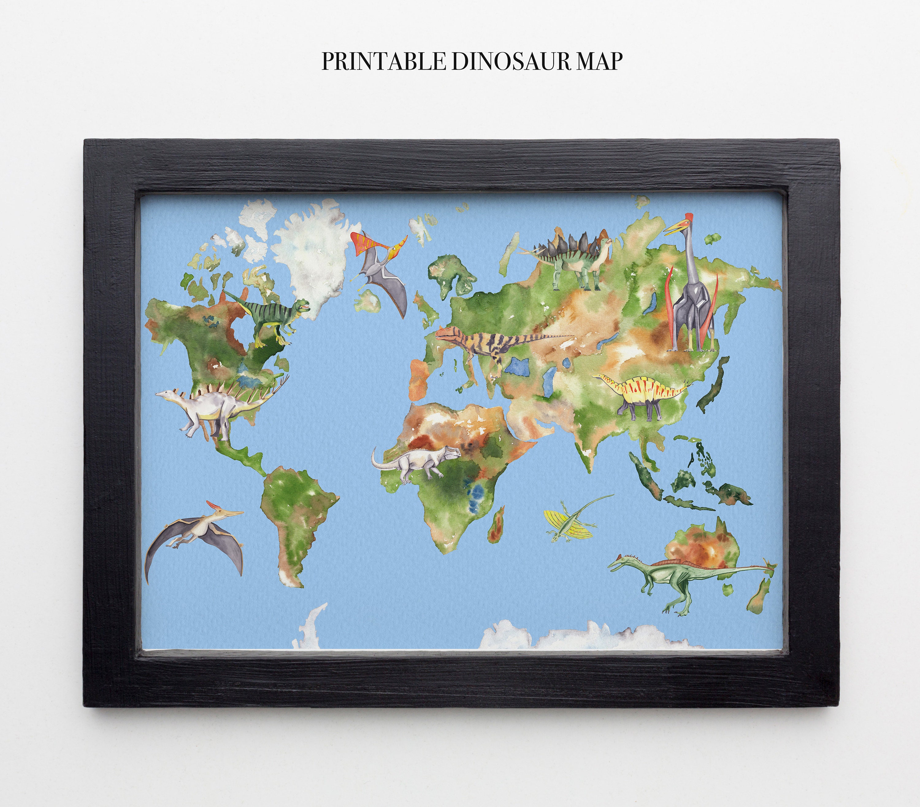Printable Dinosaur Map Watercolor Dino World Map Kids Wall Decor