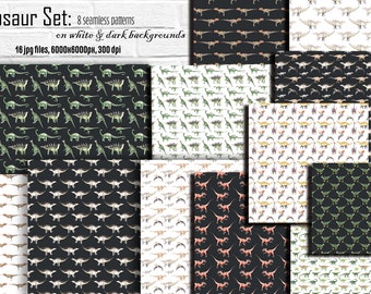 Motivi senza soluzione di continuità con dinosauri ad acquerello: tessuti, carta da parati, carte digitali JPG, T-rex, dinosauri carini, file JPG e PNG, design tessile