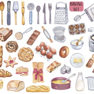 Baking clipart Watercolor food Kitchen tools & utilities illustrations Bread Desserts Sweets Eggs Milk Sugar Recipe Cooking book png Bakery