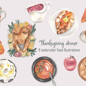 Watercolor thanksgiving dinner food clipart Pumpkin soup bread pie Turkey illustration Pumpkin Spice Latte Cookbook clipart Fall food DIY 11