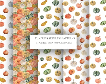 Watercolor Pumpkin Seamless Patterns: Autumn Thanksgiving Digital Paper (Digital Download)
