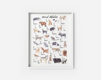 Alphabet Poster with Watercolor Animals, Kids room printable wall art, English ABC Nursery Art, Digital Download, Cute art print