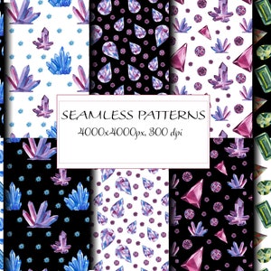 Watercolor seamless digital paper pattern with blue pink & green gemstones diamonds crystals For scrapbook wedding invitation textile fabric