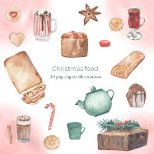 Clipart bożonarodzeniowy Grafika akwarelowa Ilustracja jedzenia Gotowanie obiadu Świąteczne menu DIY Planner Karty Zaproszenie na imprezę Grzane wino Gorący napój