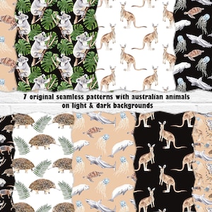 Australian animals seamless patterns Watercolor animals digital paper Koala bear pattern Kangaroo pattern Echidna Shark Birds Nautical paper