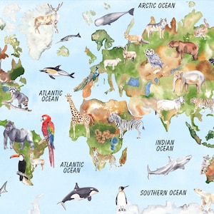 Druckbare Landkarte der Tiere Aquarell Karte Kinder Poster Kinderzimmer Wand Dekor Illustrierte Karte Klassenzimmer Lernposter Großformat