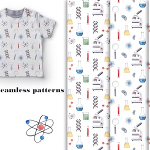 Science seamless pattern Watercolor Science Lab Virus Bacteria Atome DNA Digital Paper Medical pattern Chemistry illustration Back to school