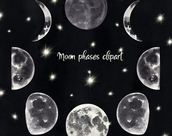 Watercolor Moon Phases Clipart: Celestial Astrology PNG (Digital Download)
