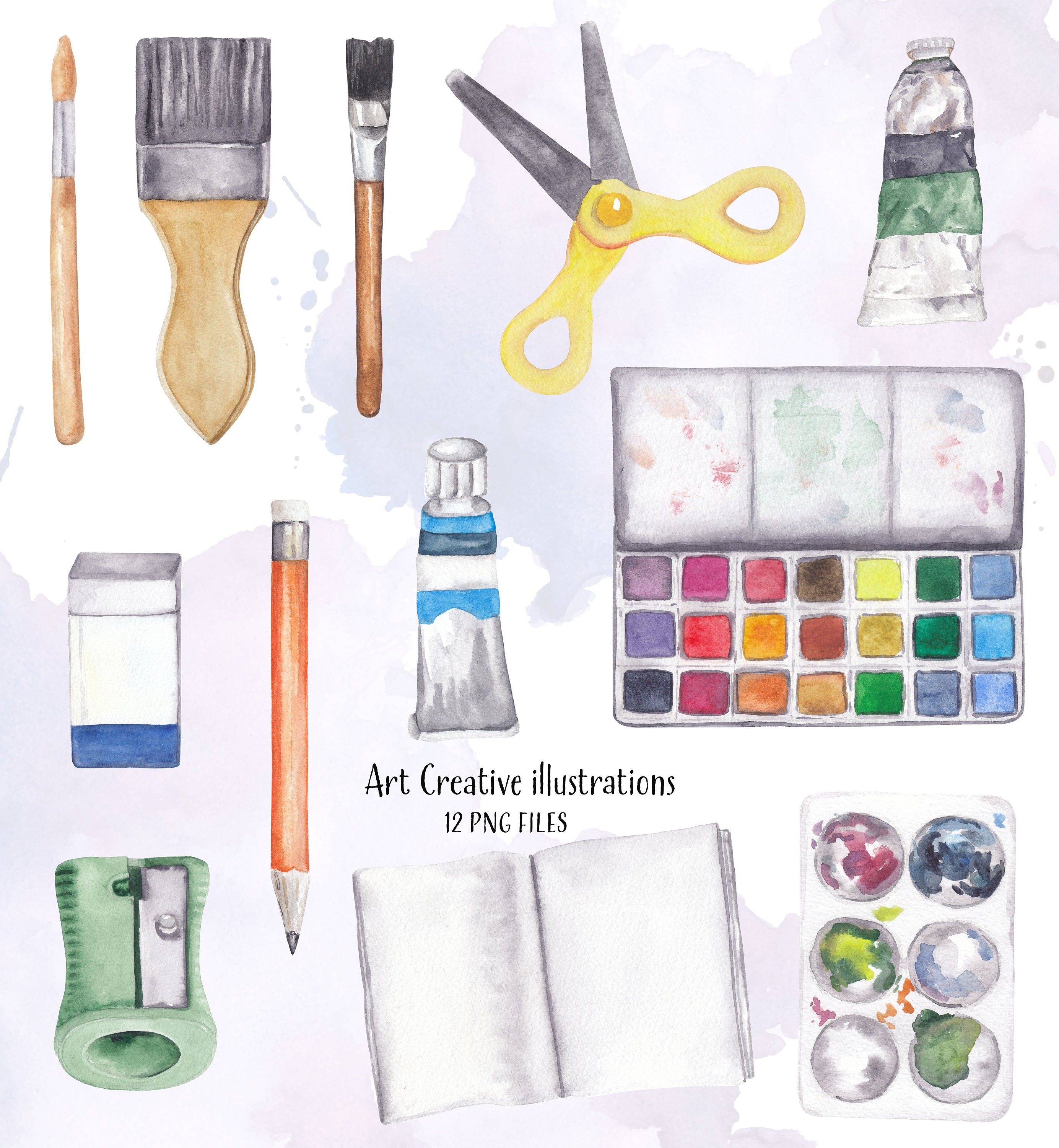 Watercolor art supplies clipart, paint brush, paint, canvas graphics back  to school craft png commercial use