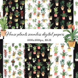 Papel digital de plantas de interior, patrón sin costuras de plantas en macetas, papel de cactus, begonia, monstera, palma, papeles jpg de plantas de interior, descarga instantánea