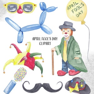 Clipart del primo di aprile Illustrazione dell'acquerello 1° aprile scherzo Download digitale Clown Arlecchino Cane palloncino Circo commedia scherzo png file 8