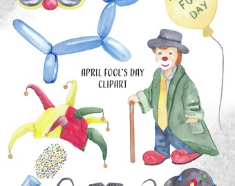April Fool's Day Watercolor Clipart: Clown, Balloon Dog (Digital Download)