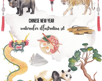 Chinese New Year Watercolor Clipart: Dragon, Panda, Tiger (22 PNG)