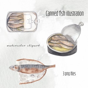 Canned fish Watercolor illustrations Cooking Recipe book png clipart Digital download Menu design elements Food painting Printables Kitchen