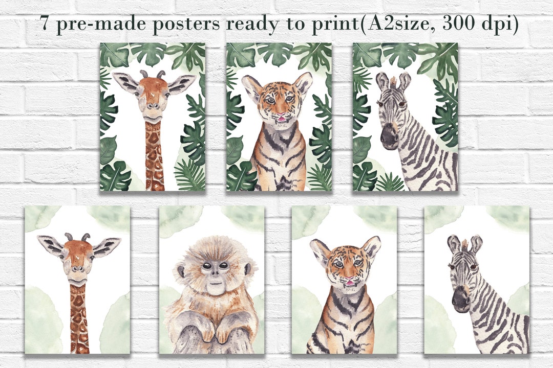 Printable Safari Baby Animals Posters Watercolor Nursery Wall Decor ...