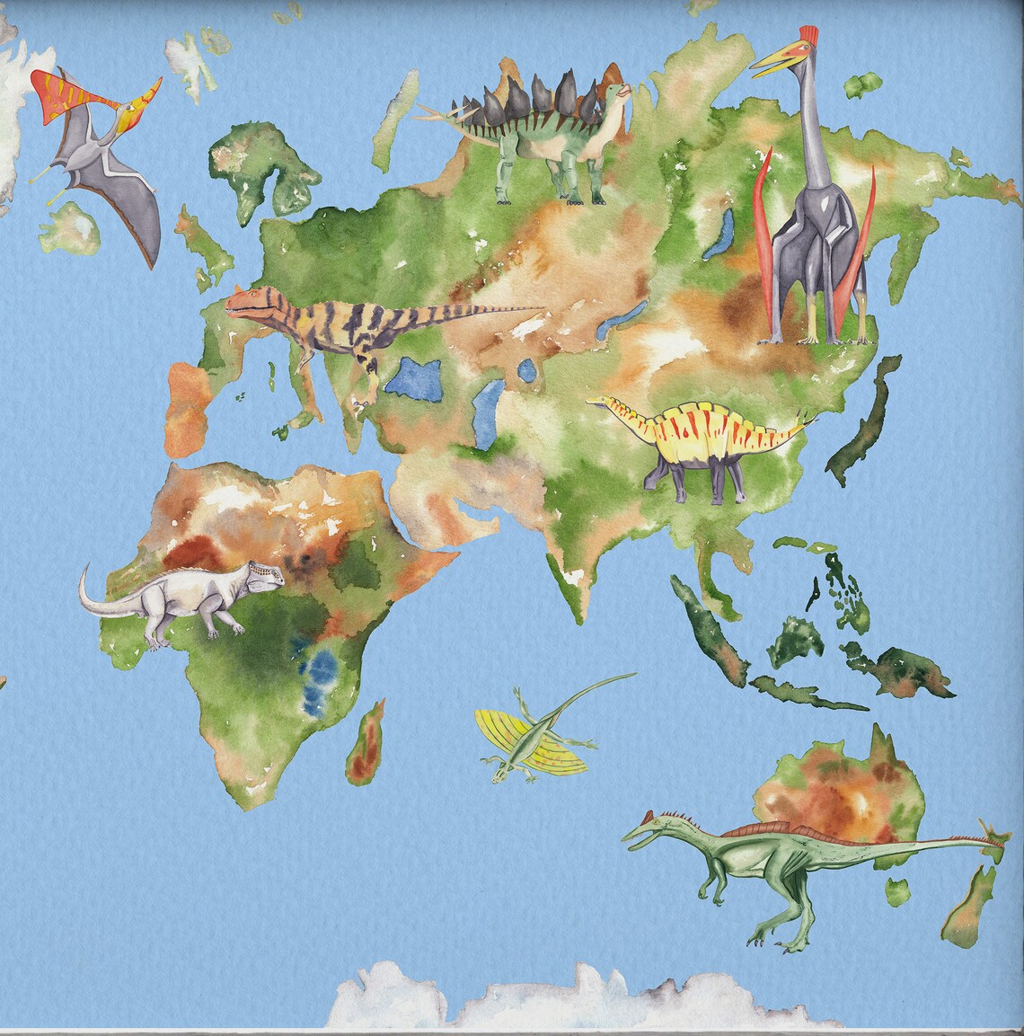 Printable Dinosaur Map Watercolor Dino World Map Kids Wall Decor