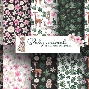 Seamless Patterns Digital Download Printable jungle papers with Watercolor Tropical Safari baby animals Textile fabric design Tiger Giraffe
