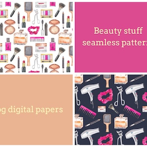 Beauty stuff digital papers Watercolor makeup seamless pattern Hair salon jpg paper Cosmetics illustration Digital download Girly scrapbook