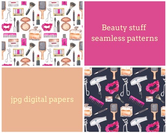 Papel digital de maquillaje en acuarela: Patrón de belleza sin costuras (Descarga digital JPG)