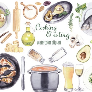 Aquarel koken clipart Eten & drinken illustratie Creëer uw keukendecor Recept Kookboek Vis Vlees Soep Salade Bakken Kruiden Specerijen 31
