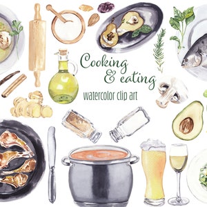 Watercolor cooking clipart Food & drinks illustration Create your Kitchen decor Recipe Cook book Fish Meat Soup Salad Baking Herbs Spices 31