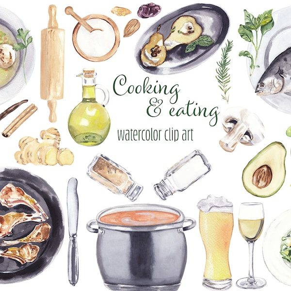 Watercolor cooking clipart Food & drinks illustration Create your Kitchen decor Recipe Cook book Fish Meat Soup Salad Baking Herbs Spices 31