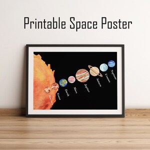Cartel del sistema solar Planetas de acuarela arte de pared imprimible Decoración de la pared del espacio de la guardería Impresión educativa Habitación para niños Regalo de baby shower Celestial a3