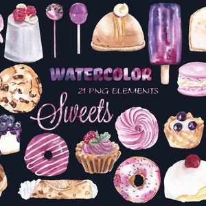 Clipart di dolci acquerellati Cibo Caramelle Torte Panetteria Dolci Gelato Lecca lecca Zucchero filato Cucina francese e italiana Adesivi per libri di cucina png